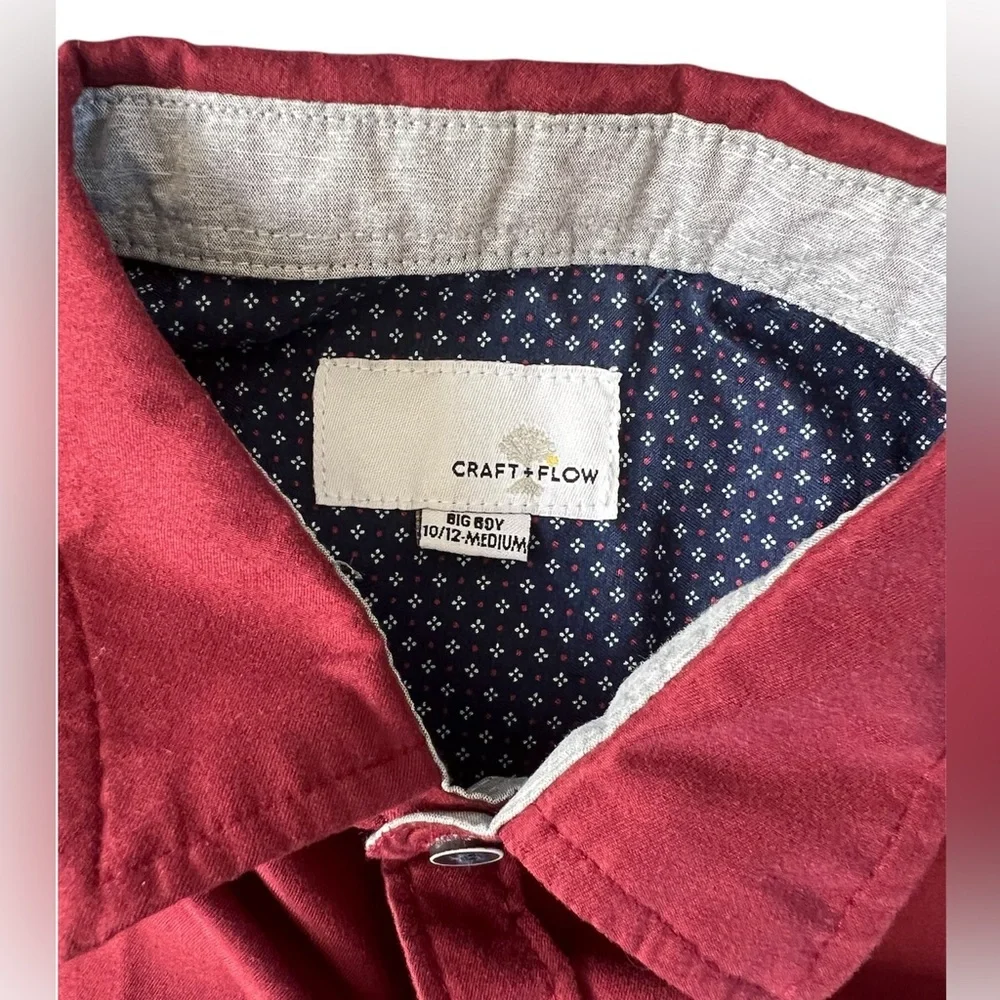 Craft + Flow Boys Dark Red Short Sleeve Button Down Shirt | 10-12